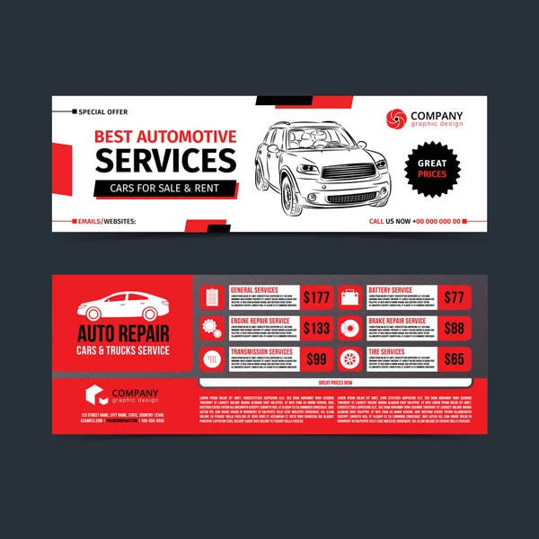 Afiş tasarımı. Oto Tamir otomobil ve kamyon Servisi düzen, arabalar Satılık ve Kiralık broşür, mockup el ilanı için kümesi. Vektör çizim.