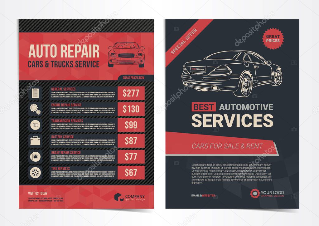 Set of Auto Repair Cars & Trucks Service layout templates, cars for sale & rent brochure, mockup flyer. Vector illustration.