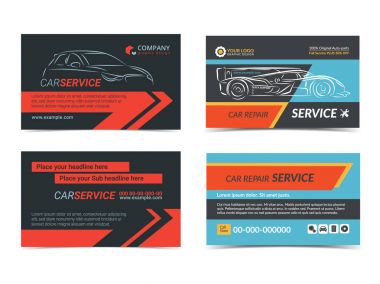 Otomotiv tamir servis kartvizit düzeni şablonları kümesi. Kendi kartvizitlerinizi oluşturun. Mockup vektör çizim.