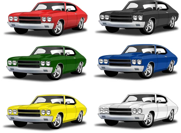 Coches Musculares Clásicos Los Años Múltiples Colores — Vector de stock