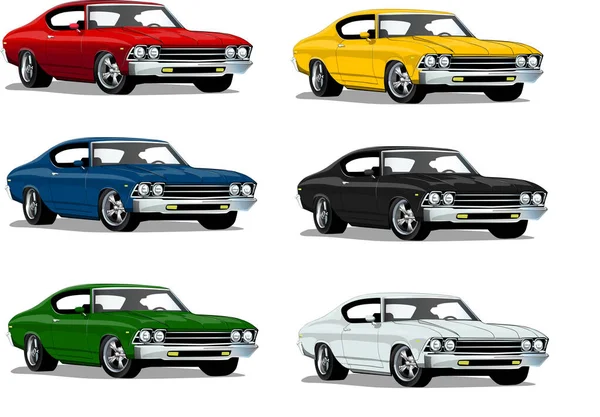 Coches Musculares Clásicos Los Años Múltiples Colores — Archivo Imágenes Vectoriales