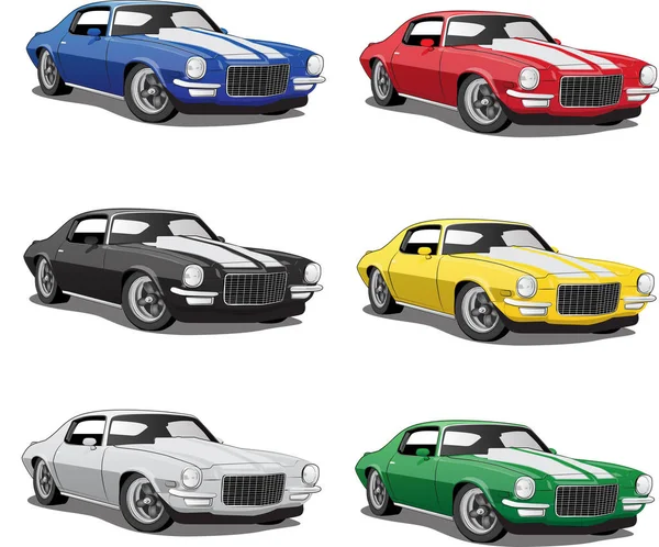 Coches Musculares Clásicos Los Años Múltiples Colores — Vector de stock