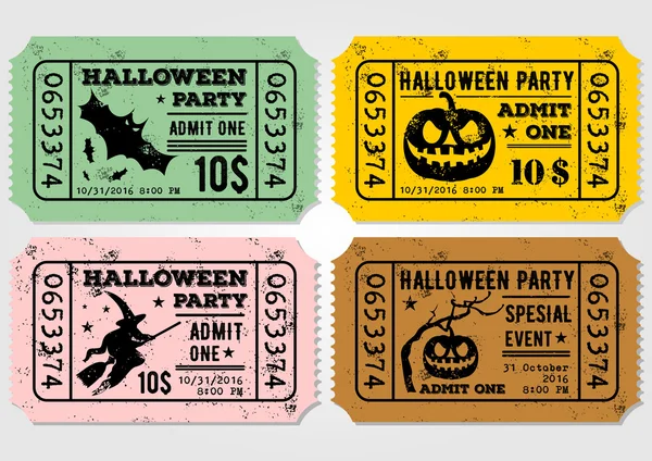 Set of Vintage paper tickets, admit one for Halloween Party — Stock Vector