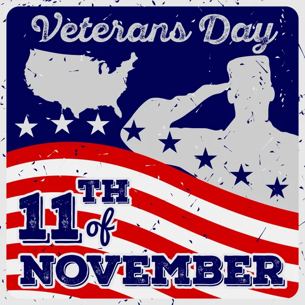 Plantilla de póster del día del veterano en estilo vintage. Soldados del Ejército de los Estados Unidos saludan sobre fondo de bandera americana grunge — Archivo Imágenes Vectoriales