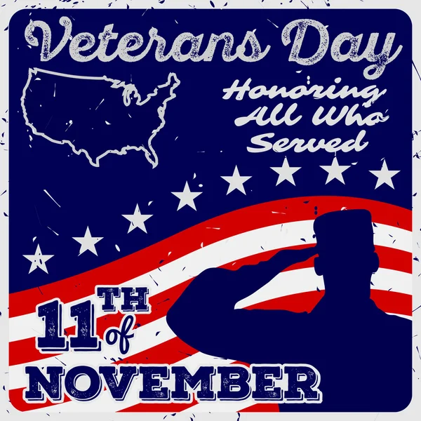 Plantilla de póster del día del veterano en estilo vintage. Soldados del Ejército de los Estados Unidos saludan sobre fondo de bandera americana grunge — Archivo Imágenes Vectoriales