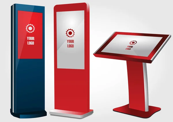 Sada propagačních interaktivních informací Kiosk, Reklamní displej, terminálový stojan, dotykový displej. Vyhonit šablonu. — Stockový vektor