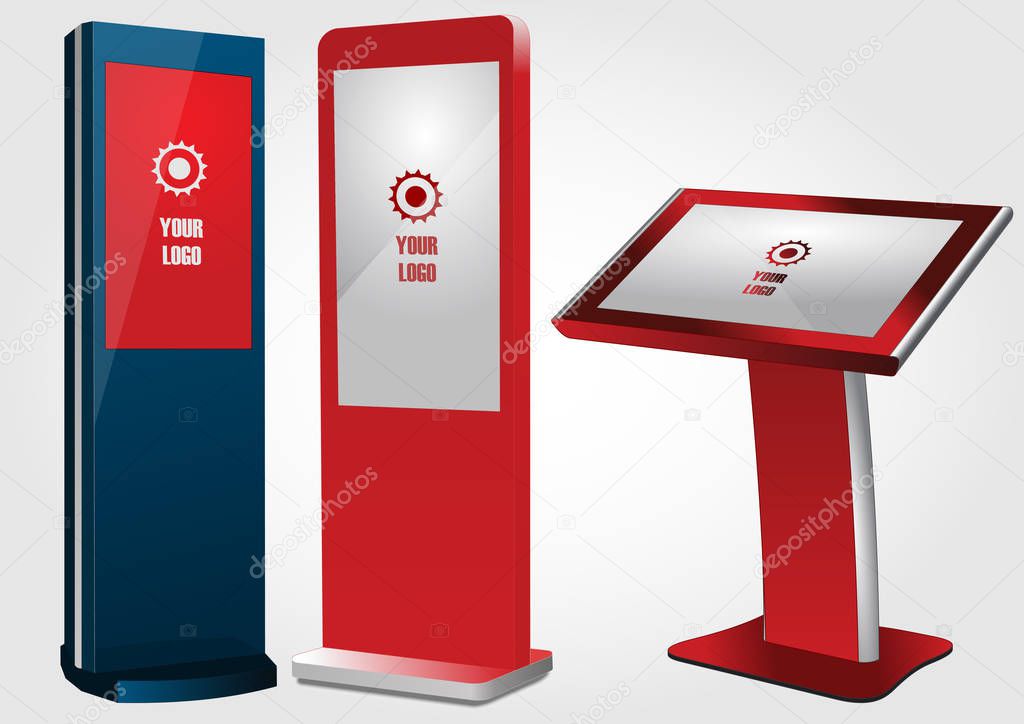 Set of Promotional Interactive Information Kiosk, Advertising Display, Terminal Stand, Touch Screen Display. Mock Up Template.