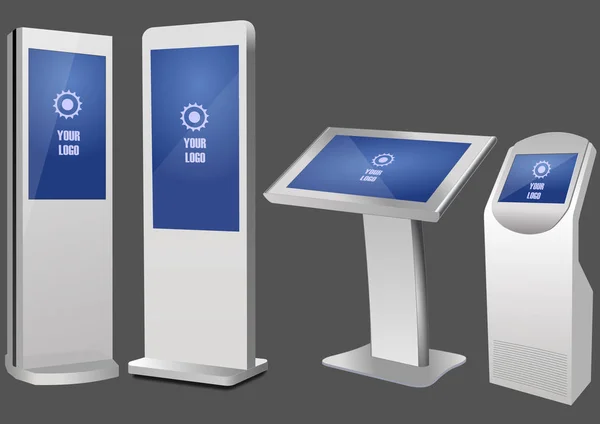 Uppsättning av PR-interaktiv information Kiosk, Reklam Display, Terminal Stand, Pekskärm Display. Mock Up Mall. — Stock vektor