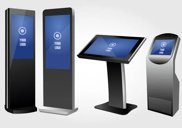 Set interaktiver Werbekiosk, Anzeigendisplay, Terminalständer, Touchscreen-Display. Vorlage gefälscht. — Stockvektor