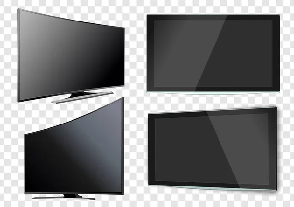 Набор изогнутого и плоского экрана телевизора lcd, pfma. Реалистичная векторная иллюстрация . — стоковый вектор