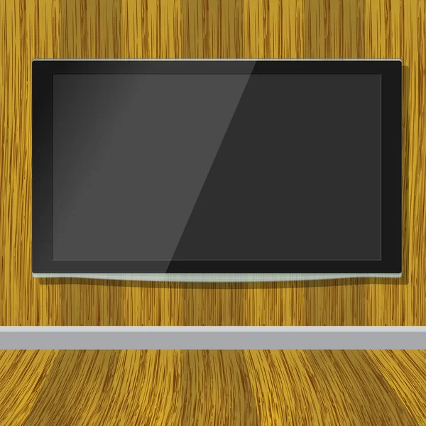 Black LCD tv screen hanging on a wooden wall — Stock Vector