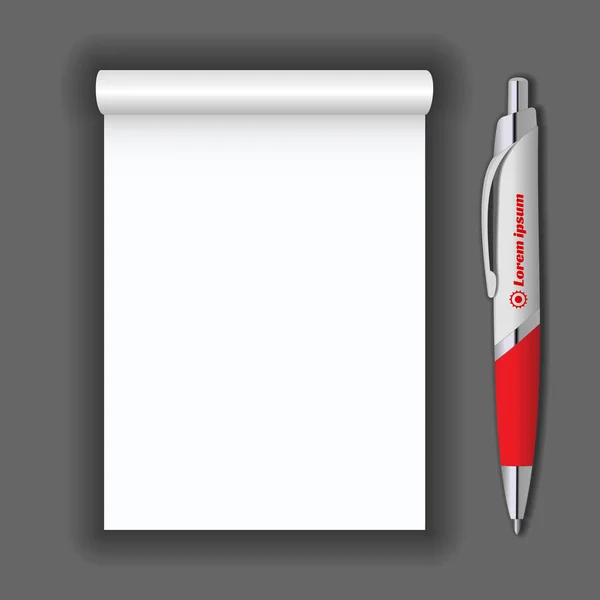 Notebook notepad realista em branco e caneta isolada em fundo cinza escuro. Mostrar Mock up para objetos de identidade corporativa e promoção — Vetor de Stock