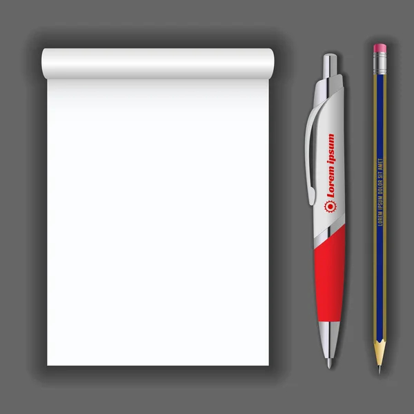 Blocco note realistico vuoto, penna e matita isolati su sfondo grigio scuro. Visualizzazione finto per identità aziendale e oggetti promozionali — Vettoriale Stock