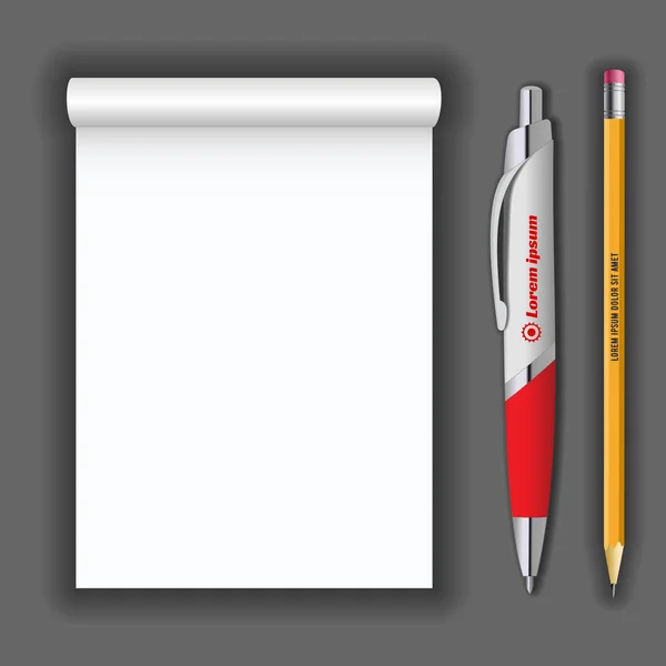 Notebook notepad realista em branco, caneta e lápis isolados em fundo cinza escuro. Mostrar Mock up para objetos de identidade corporativa e promoção —  Vetores de Stock