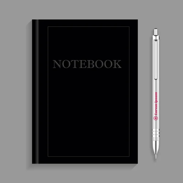 Mockup van zwart notitieboek cover en pen. Realistische leerboek, boekje, Kladblok of laptop voor uw ontwerp en huisstijl — Stockvector