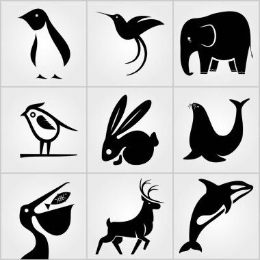 Hayvanlar simgeler kümesi. Penguen, kuş, Pelikan, uğultu kuş, tavşan, geyik, fil, deniz aslanı ve Grampus simgeleri