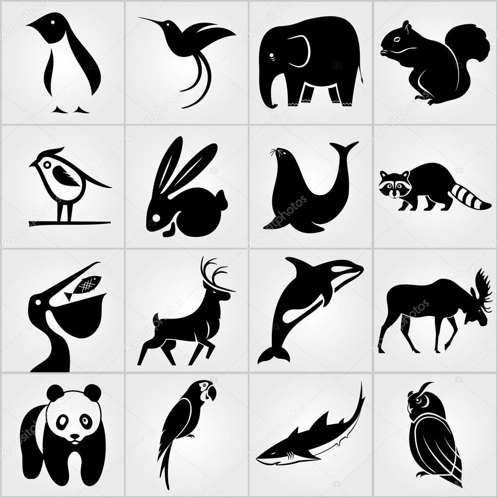 Set of Animals icons. Penguin, Bird, Pelican, Humming Bird, Rabbit, Deer, Elephant , Sea lion, Grampus, Owl, Shark, Panda, Raccoon, Moose, Squirrel and Parrot icons