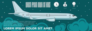 Uçak uçan. Renkli vektör düz afiş. Kalite tasarlamak, elemanlar ve kavram.