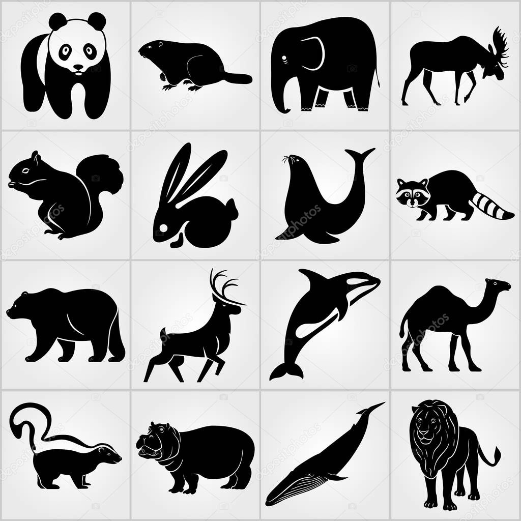 Set of Mammal Animals icons. Rabbit, Deer, Elephant , Sea lion, Grampus, Groundhog, Bear, Squirrel, Moose, Raccoon, Camel, Skunk, Hippopotamus, Whale, Lion and Panda icons