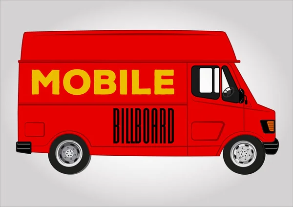 Mobil van merah kecil, pandangan samping. Desain warna yang solid dan datar. Vektor ilustrasi untuk identitas perusahaan. Templat billboard mobile kosong diisolasi pada latar belakang putih . - Stok Vektor