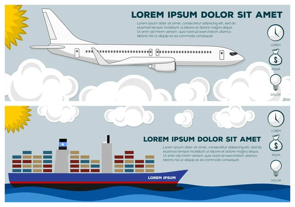 Bandeiras ou cartazes de transporte aéreo e marítimo. Ideal para imagem de perfil de cobertura de rede de web site ou redes sociais. Ilustração vetorial de estilo plano moderno — Vetor de Stock