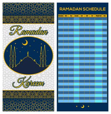 Ramazan takvim programı - oruç, Iftar ve namaz saatleri Rehberi. Ön ve arka tarafı. Çeviri: Kutsal Ramazan. Sabah, gündoğumu, öğlen, akşam, akşam, gece