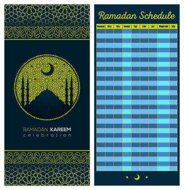 Ramazan takvim programı - oruç, Iftar ve namaz saatleri Rehberi. Ön ve arka tarafı. Çeviri: Kutsal Ramazan. Sabah, gündoğumu, öğlen, akşam, akşam, gece