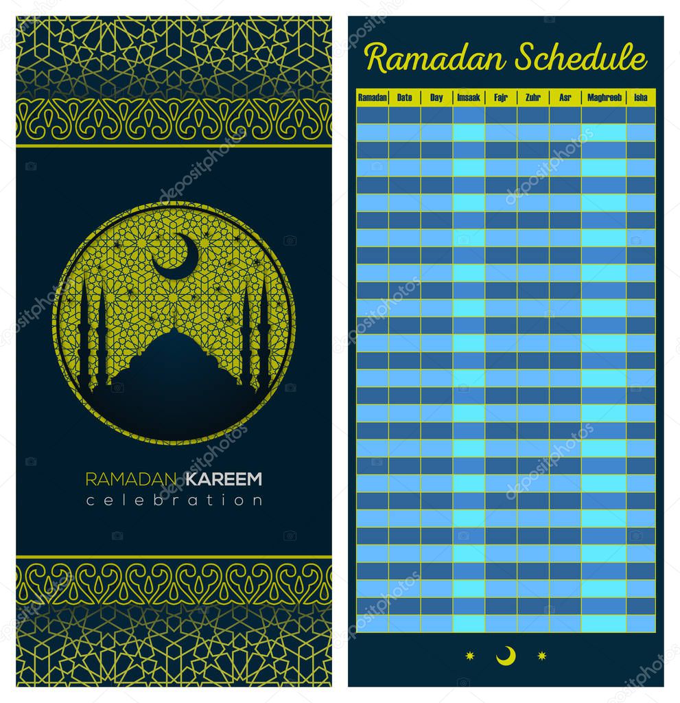 Ramadan Calendar Schedule - Fasting, Iftar and Prayer time table Guide. Front and back side. Translation: Holy Ramadan. Morning, Sunrise, Noon, Afternoon, Evening, Night
