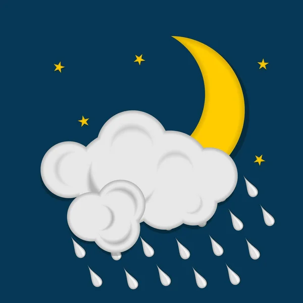 Luna con estrellas nubes y gotas de lluvia sobre fondo azul oscuro. Icono del clima. Ilustración vectorial — Vector de stock