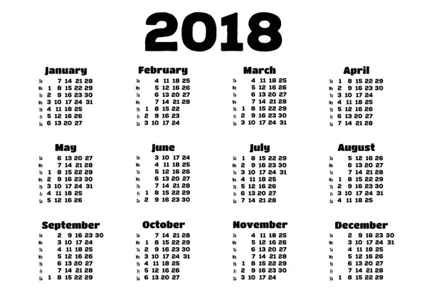 Basit 2018 yıl takvim. Hafta Pazar başlar. Vektör tasarım şablonu. 