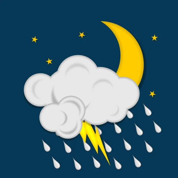 Luna con estrellas, nubes, relámpagos y gotas de lluvia sobre fondo azul oscuro. Icono del clima. Ilustración vectorial — Vector de stock