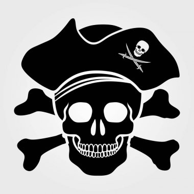 Jolly Roger simgesi beyaz arka plan üzerinde izole. Kafatası Kaptan korsan şapkasını ve çapraz kemikler.