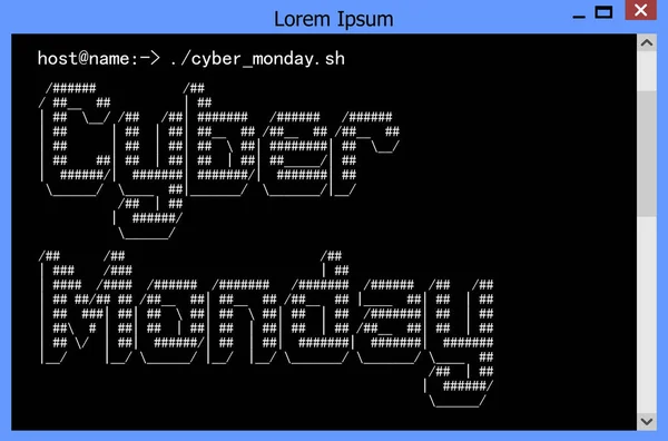 Cyber maandag spandoek of poster sjabloon. Computer Terminal met ASCII-kunst opdrachtregel. — Stockvector