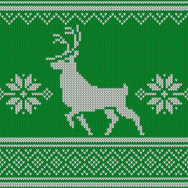 Yeşil örme kazak Noel geyiği, seamless modeli ile. Satırlara göre gruplandırılmış dikiş. Düzenlemek kolay. Vektör çizim