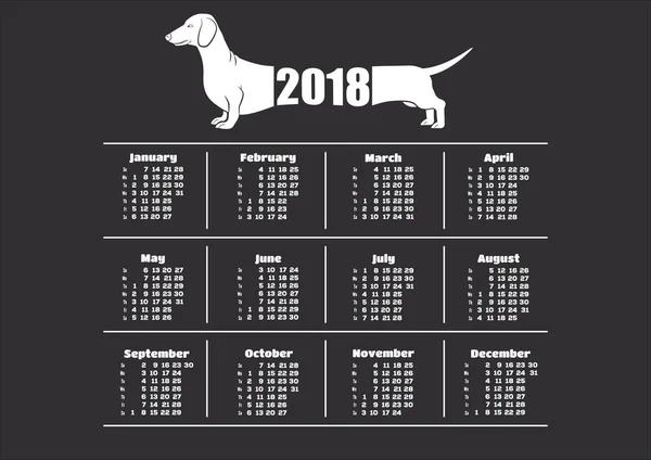 Simple 2018 año calendario con perro. La semana comienza el domingo. plantilla de diseño vectorial . — Vector de stock