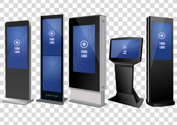 Conjunto de quiosco de información interactiva promocional, pantalla publicitaria, soporte de terminal, pantalla táctil. Plantilla de simulación. — Vector de stock