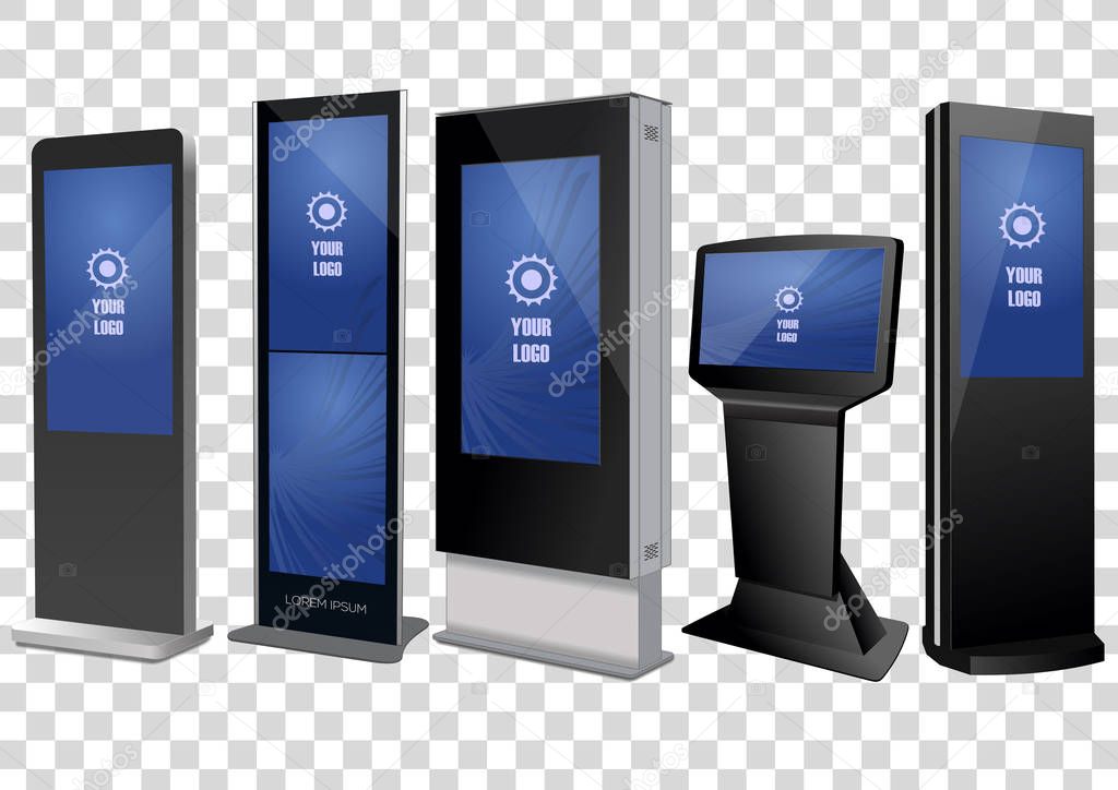 Set of Promotional Interactive Information Kiosk, Advertising Display, Terminal Stand, Touch Screen Display. Mock Up Template.