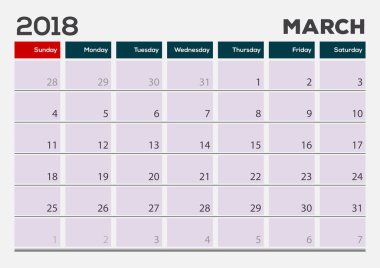 Aylık danışma paneli takvimi şablonunu, Mart 2018. Vektör çizim