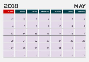 Aylık danışma paneli takvimi şablonunu, Mayıs 2018. Vektör çizim