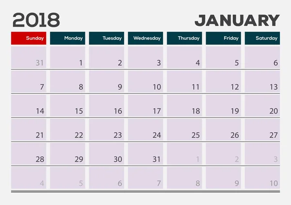 每月桌垫日历模板, 2018年1月。矢量插图 — 图库矢量图片