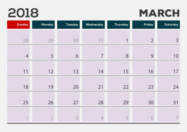 Měsíční stolní kalendář Pad šablona, březen 2018. Vektorové ilustrace — Stockový vektor