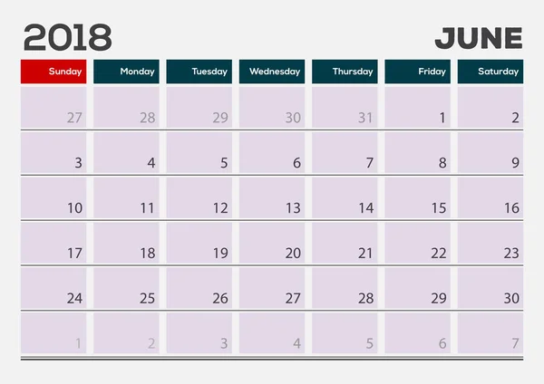 Månedlig skrivebordskalender skabelon, juni 2018. Vektorillustration – Stock-vektor