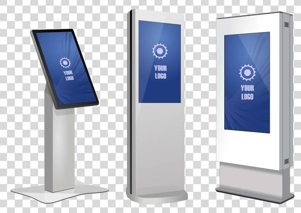Drei interaktive Werbekiosk, Werbedisplay, Terminalständer, Touchscreen-Display isoliert auf transparentem Hintergrund. Vorlage gefälscht. — Stockvektor