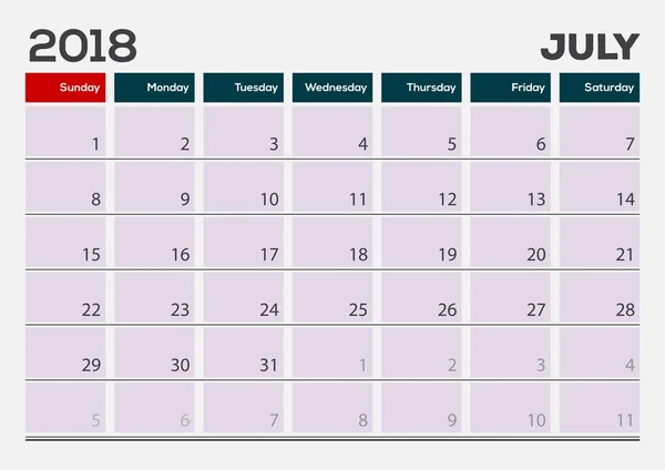 Μηνιαίο Ημερολόγιο επίθεμα γραφείο πρότυπο, Ιουλίου 2018. Εικονογράφηση διάνυσμα — Διανυσματικό Αρχείο