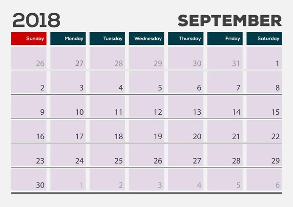 Měsíční stolní kalendář Pad šablona, září 2018. Vektorové ilustrace — Stockový vektor