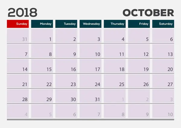 每月桌垫日历模板, 2018年10月。矢量插图 — 图库矢量图片