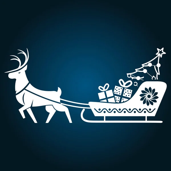 Rénszarvas és szánjával ajándékok és karácsonyi fa ikonnal megjelölve. Vektoros illusztráció — Stock Vector