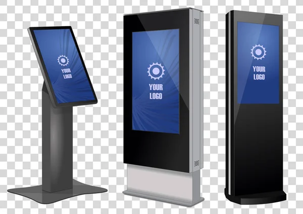 Three Promotional Interactive Information Kiosk, Advertising Display, Terminal Stand, Touch Screen Display diisolasi dengan latar belakang transparan. Templat Mock Up . - Stok Vektor