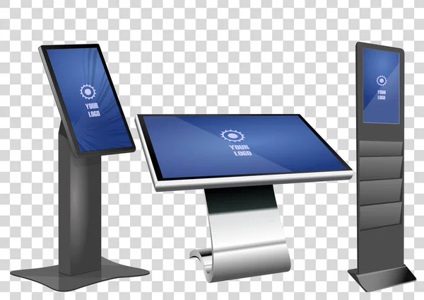 Three Promotional Interactive Information Kiosk, Advertising Display, Terminal Stand, Touch Screen Display diisolasi dengan latar belakang transparan. Templat Mock Up . - Stok Vektor