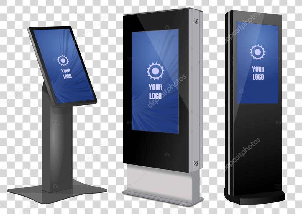 Three Promotional Interactive Information Kiosk, Advertising Display, Terminal Stand, Touch Screen Display isolated on transparent background. Mock Up Template.